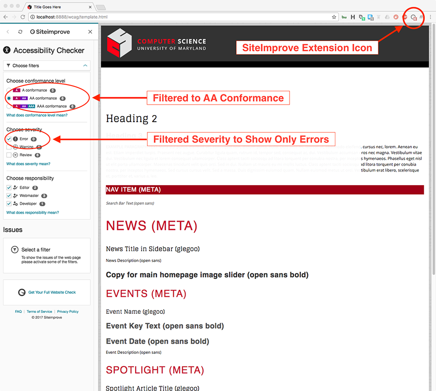 Image of browser with SiteImprove active
