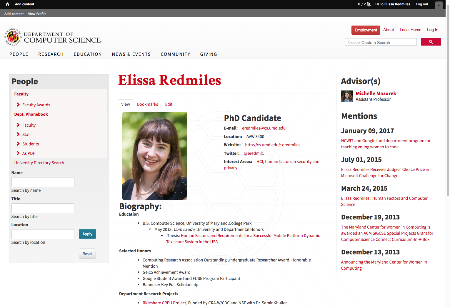Image of logged in user's page