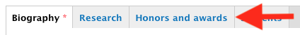 Image of faculty profile tab with honors and awards tab highlighted