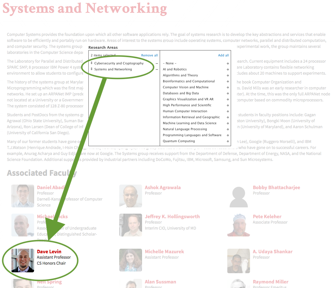 Image of research areas dialog with example display on a research area page