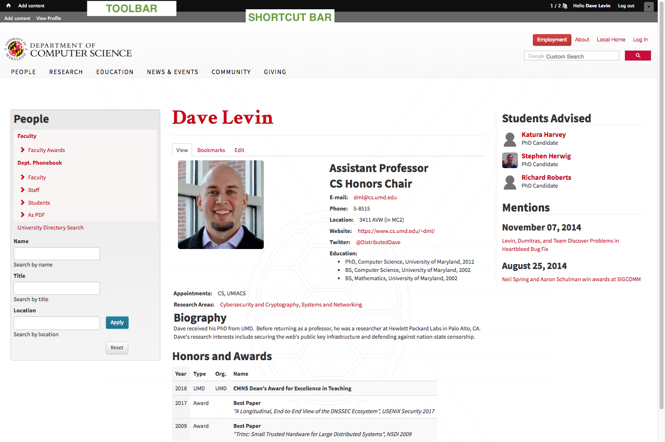 Image of logged in user's page